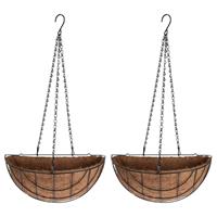 Merkloos 2x Stuks Metalen Hanging Baskets / Plantenbakken Halfrond Zwart Met Ketting 37 Cm - Hangende Bloemen - Plantenbakken