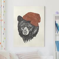 Bilderwelten Leinwandbild Tiere - Hochformat Illustration Bär mit roter Mütze Zeichnung