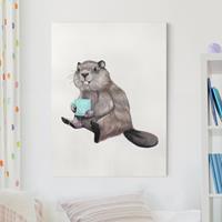 Bilderwelten Leinwandbild Tiere - Hochformat Illustration Biber mit Kaffeetasse