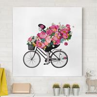 Bilderwelten Leinwandbild Blumen - Quadrat Illustration Frau auf Fahrrad Collage bunte Blumen