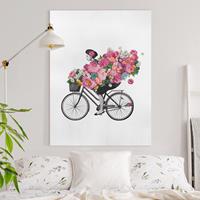 Bilderwelten Leinwandbild Blumen - Hochformat Illustration Frau auf Fahrrad Collage bunte Blumen