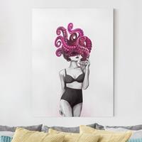 Bilderwelten Leinwandbild Tiere - Hochformat Illustration Frau in Unterwäsche Schwarz Weiß Oktopus