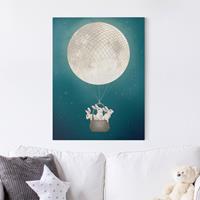 Bilderwelten Leinwandbild Tiere - Hochformat Illustration Hasen Mond-Heißluftballon Sternenhimmel