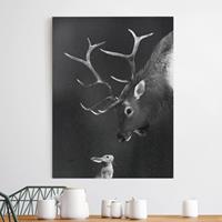 Bilderwelten Leinwandbild Tiere - Hochformat Illustration Hirsch und Hase Schwarz Weiß Malerei