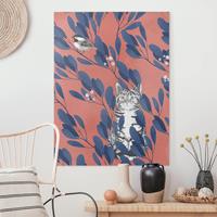 Bilderwelten Leinwandbild Tiere - Hochformat Illustration Katze und Vogel auf Ast Blau Rot