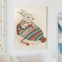 Bilderwelten Leinwandbild Tiere - Hochformat Illustration Kuschelnder Hase in Mütze