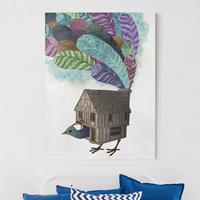 Bilderwelten Leinwandbild Tiere - Hochformat Illustration Vogel Haus mit Federn