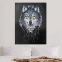 Bilderwelten Leinwandbild Tiere - Hochformat Illustration Wolf mit Boho Traumfänger Schwarz