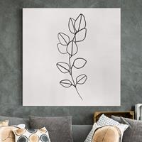 Bilderwelten Leinwandbild Blumen - Quadrat Line Art Zweig Blätter Schwarz Weiß