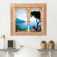 Klebefieber 3D Wandtattoo Verziertes Fenster Ausblick vom Garten aufs Meer