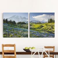 Bilderwelten 2-teiliges Leinwandbild Berg Bergwiese mit Blumen vor Mt. Rainier