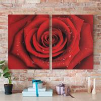 Bilderwelten 2-teiliges Leinwandbild Blumen - Querformat Rote Rose mit Wassertropfen