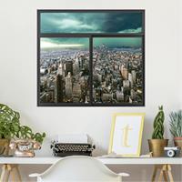 Klebefieber 3D Wandtattoo Fenster Schwarz Skyline New York im Gewitter