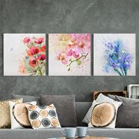Bilderwelten 3-teiliges Leinwandbild Blumen - Quadrat Aquarell Blumen Trio