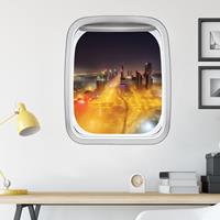 Klebefieber 3D Wandtattoo Fenster Flugzeug Dubai bei Nacht im Nebel