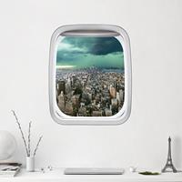 Klebefieber 3D Wandtattoo Fenster Flugzeug Skyline New York im Gewitter