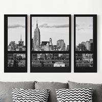 Bilderwelten 3-teiliges Leinwandbild Architektur & Skyline Fensterblick New York Skyline schwarz weiß