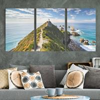 Bilderwelten 3-teiliges Leinwandbild Leuchtturm - Querformat Nugget Point Leuchtturm und Meer Neuseeland