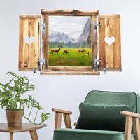 Bilderwelten 3D Wandtattoo Fenster mit Herz Rehe in den Bergen