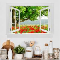 Bilderwelten 3D Wandtattoo Offenes Fenster Sommerwiese mit Blumenkasten