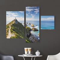 Bilderwelten 3-teiliges Leinwandbild - Querformat Nugget Point Leuchtturm und Meer Neuseeland