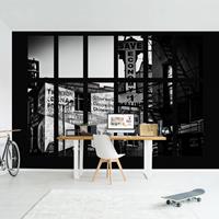 Bilderwelten Fototapete Fensterblick Amerikanische Gebäudefassade schwarz-weiß