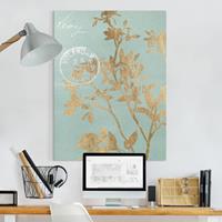 Bilderwelten Leinwandbild Spruch - Hochformat Goldene Blätter auf Turquoise II