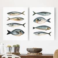 Bilderwelten 2-teiliges Leinwandbild Küche - Hochformat Acht Fische in Aquarell Set I
