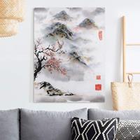 Bilderwelten Leinwandbild Japanische Aquarell Zeichnung Kirschbaum und Berge