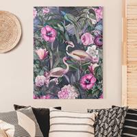Bilderwelten Leinwandbild Bunte Collage - Pinke Flamingos im Dschungel