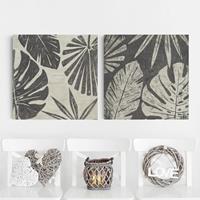 Bilderwelten 2-teiliges Leinwandbild Botanik - Quadrat Palmenblätter vor Dunkelgrau Set I