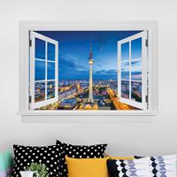 Klebefieber 3D Wandtattoo Offenes Fenster Berlin Skyline bei Nacht mit Fernsehturm