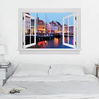 Klebefieber 3D Wandtattoo Offenes Fenster Kopenhagener Hafen am Abend