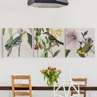 Bilderwelten 3-teiliges Leinwandbild Blumen - Quadrat Vögel auf Leinen Set I