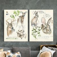 Bilderwelten 2-teiliges Leinwandbild Tiere - Hochformat Wildnis Journal - Hirsch und Kaninchen Set II