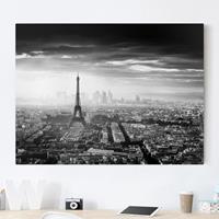 Bilderwelten Leinwandbild Schwarz-Weiß - Querformat Der Eiffelturm von Oben Schwarz-weiß