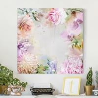 Bilderwelten Leinwandbild Blumen - Quadrat Aquarell Blütenmix Pastell