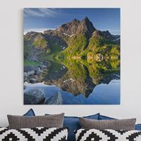 Bilderwelten Leinwandbild Berg - Quadrat Berglandschaft mit Wasserspiegelung in Norwegen