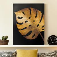 Bilderwelten Leinwandbild Blumen - Hochformat Gold - Monstera auf Schwarz