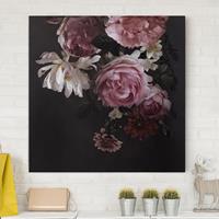 Bilderwelten Leinwandbild Blumen - Quadrat Rosa Blumen auf Schwarz