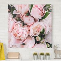 Bilderwelten Leinwandbild Blumen - Quadrat Rosa Pfingstrosen mit Blättern