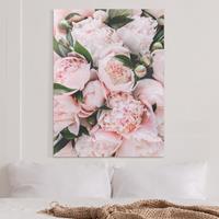 Bilderwelten Leinwandbild Blumen - Hochformat Rosa Pfingstrosen mit Blättern
