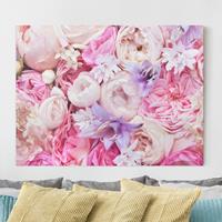 Bilderwelten Leinwandbild Blumen - Querformat Shabby Rosen mit Glockenblumen