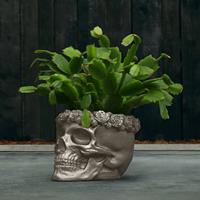 Gartentraum.de Einzigartiger Pflanztopf aus Beton - Totenschädel mit Rosen - Gangain / 11x12x15cm (HxBxT) / Bronze glänzend