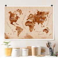Bilderwelten Poster Stadt-, Land- & Weltkarten - Querformat Weltkarte Aquarell beige braun