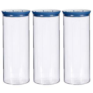 Stefanplast 3x stuks voorraadpot/bewaarpot transparant/blauw met deksel L12xB12xH28 cm - 2200 ml - Kunststof voorraadpotten
