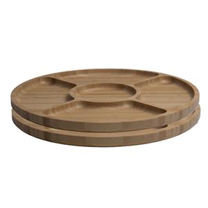 Lowenthal 2x stuks bamboe houten serveerbord/tapasbord 5 vakken rond 30 cm - Dienbladen van hout
