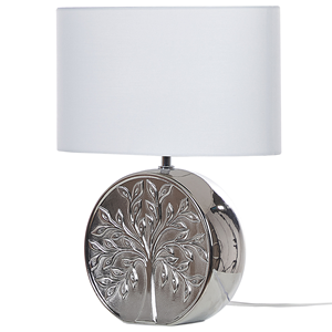 Beliani - Tischlampe Silber 49 cm Keramiksockel Glänzend mit Baummotiv Kabel mit Schalter Lampenschirm in Weiß Schlafzimmer Wohnzimmer Glamourös