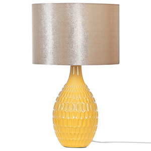Beliani - Tischlampe Gelb / Gold 54 cm geprägt Keramiksockel Kabel mit Schalter glänzender Lampenschirm Stoff Schlafzimmer Wohnzimmer Retro - Gelb