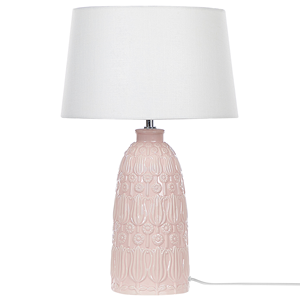 beliani Tischlampe mit Keramikfuß Rosa 56 cm Blumenmotiv Langes Kabel mit Schalter Lampenschirm aus Baumwolle / Jute in Weiß Wohnzimmer Schlafzimmer - Weiß